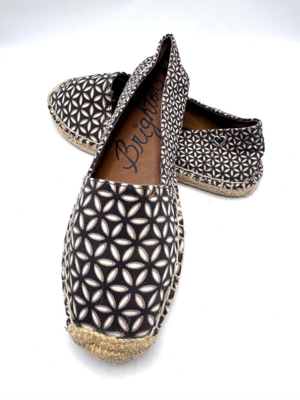 Brighton Womens Sz 7 Rattan Espadrilles Shoes Black Tan Geometric Fabric Upper L